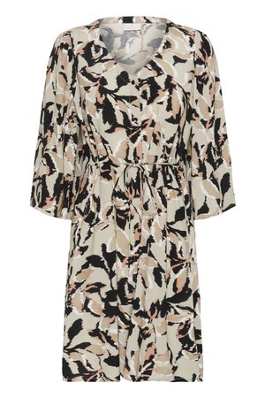 Gaišs kleitas modelis krēmkrāsā, ar abstraktu melnu, rozā un bēšu rakstu. V-veida kakla izgriezums, trīs ceturtdaļu piedurknes un josta vidukļa regulēšanai.