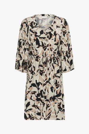 Lengvas kremas su abstrakčiu juodu, rožiniu ir bežiniu raštu. V-kaklo, trijų ketvirčių rankovės ir juosmens raištis reguliavimui.