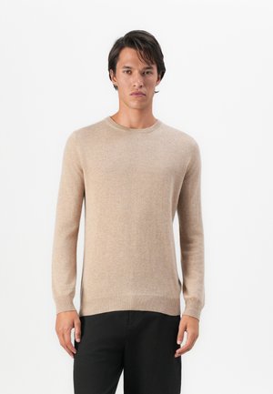 Junger Mann mit dunklen Haaren, der einen beigen Rundhalsausschnitt-Pullover und schwarze Hosen trägt, und vor einem schlichten weißen Hintergrund steht.