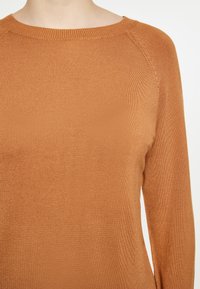 Roestbruine gebreide trui met een ronde halslijn en raglanmouwen, met een gladde textuur en fijne ribbels langs de randen.