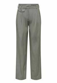 Pantalon vert olive sur mesure avec taille haute, détail de rabat latéral boutonné et coupe droite.
