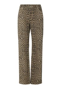 Pantaloni leopard cu imprimeu în bej și negru, cu un design drept, textură moale a materialului și închidere cu buton la talie.
