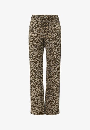 Beige ja musta leopardimustriga püksid, otse lõikega disain, pehme kangast tekstuur ja nööbiga sulgemine vöökohtadel.