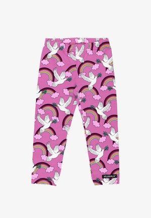 Fioletowe legginsy z powtarzającym się wzorem białych gołębi, tęczy i chmur, wykonane z elastycznego materiału z gumką w pasie.