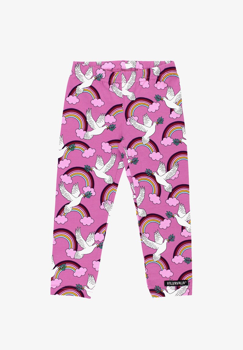 Leggings viola con un motivo ripetuto di colombi bianchi, arcobaleni e nuvole, realizzati in materiale elasticizzato con una vita elasticizzata.