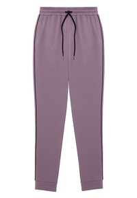 Lila Jogginghose mit schwarzen Seitenstreifen, elastischem Bund und schwarzem Kordelzug, auf einem weißen Hintergrund präsentiert.
