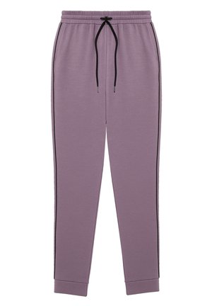 Pantaloni de jogging lila cu dungi laterale negre, talie elastică și șnur negru, expuși pe un fundal alb.