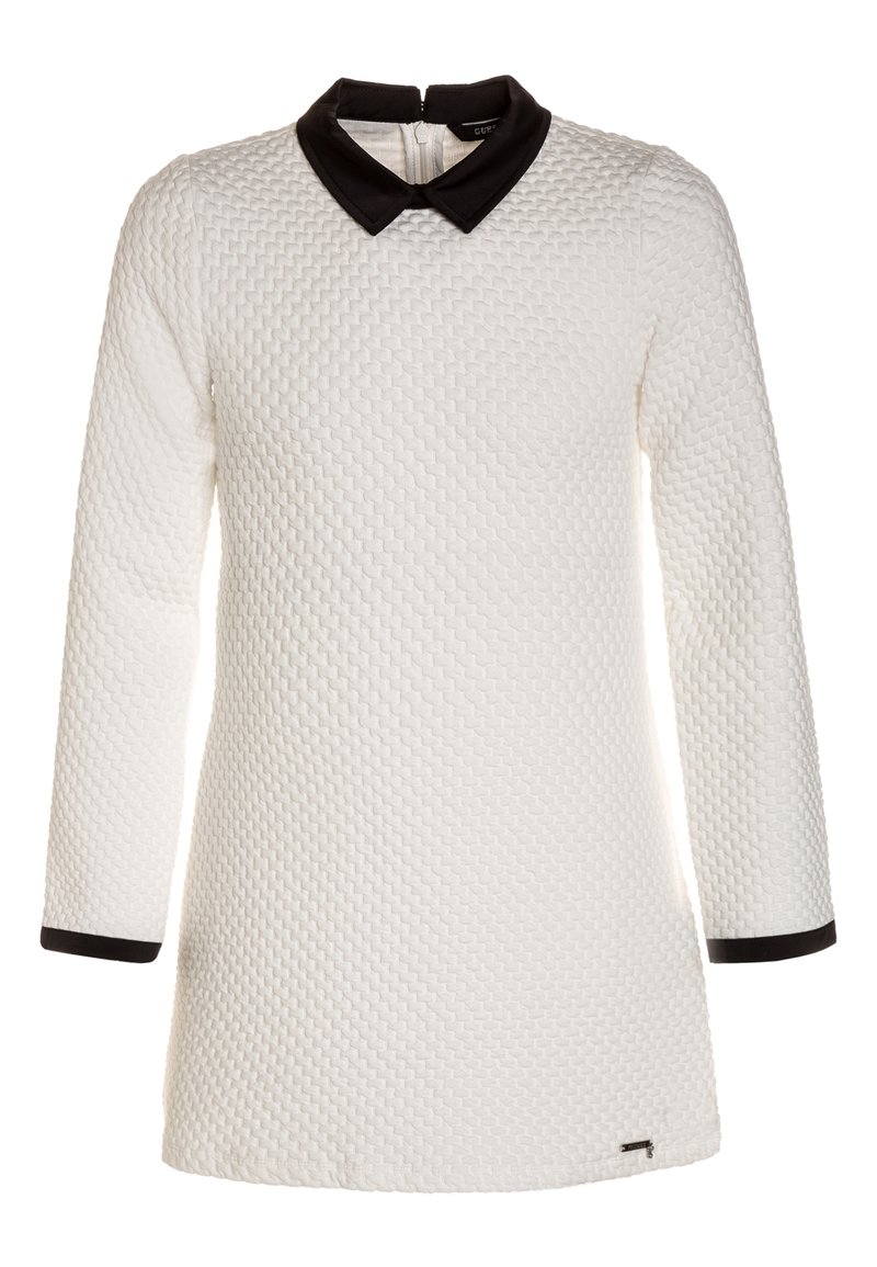 Weißes langärmliges Kleid mit strukturierter Oberfläche, das einen schwarzen Kragen und Manschetten aufweist. Auffälliges gewebtes Muster und ein Reißverschluss auf der Rückseite.