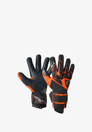 Guantes de portero con una palma de látex negro con salpicaduras azules, acentos naranjas, dorso texturizado y correa ajustable para un ajuste ceñido.