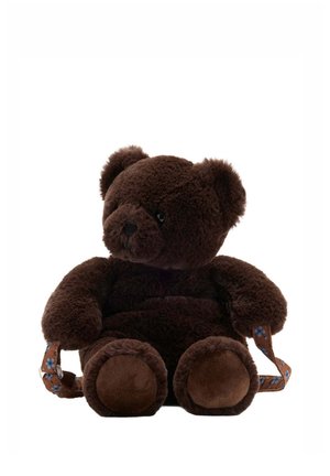 Soft dark brown teddy bear with round ears and paws, sitting upright, holding a brown ribbon with blue flower patterns.