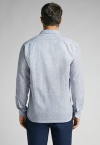 Langarmhemd in Blau und Weiß mit vertikalen Streifen, aus leichtem Stoff mit einem klassischen Kragen und geknöpften Manschetten.