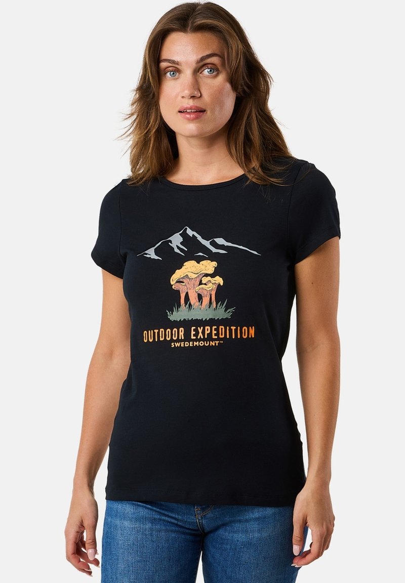 Black short-sleeve t-shirt in cotton featuring mountain and mushroom graphics, with "OUTDOOR EXPEDITION SWEDMOUNT" text in orange.