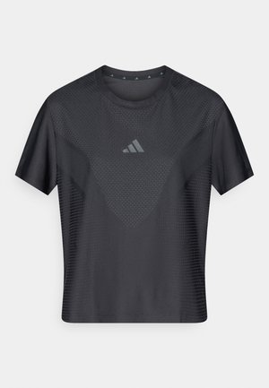 T-shirt de sport noir à manches courtes, présentant un motif texturé à l'avant et un petit logo sur la poitrine. Fabriqué en matériau léger.