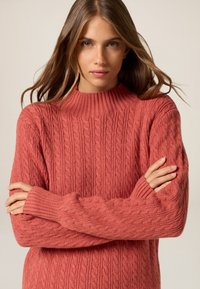Suéter de punto trenzado en coral con cuello alto, puños acanalados y mangas largas, con un patrón texturizado y material suave similar a la lana.