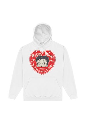 Biała bluza z kapturem z nadrukiem graficznym Betty Boop w czerwonym sercu. Tekst brzmi "Betty Boop FAN CLUB" oraz "BOOP OOP-A DOOP."