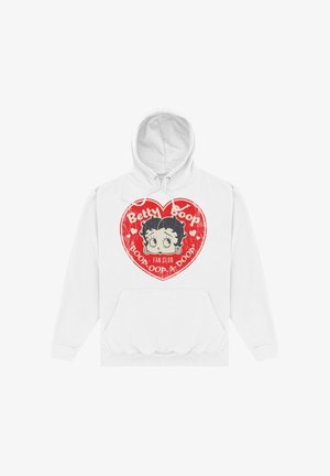 Sudadera blanca con un gráfico impreso de Betty Boop dentro de un corazón rojo. El texto dice "CLUB DE FANS DE BETTY BOOP" y "BOOP OOP-A DOOP."
