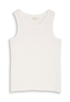 Débardeur blanc en coton sans manches avec encolure ronde, taille moyenne, et étiquette de la marque Tom Tailor visible à l'intérieur du col.