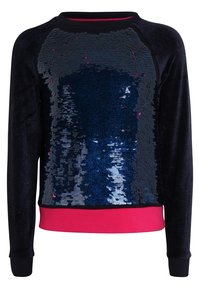 Felpa nera a maniche lunghe con un design di paillettes in tonalità di blu e rosa sul davanti, con una vita color rosa solido.