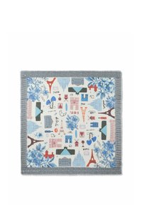 Schal mit Paris-Motiven, darunter Eiffelturm, Blumen, Croissant, Weinglas und französische Wörter auf weißem Hintergrund mit gestreiftem Rand.