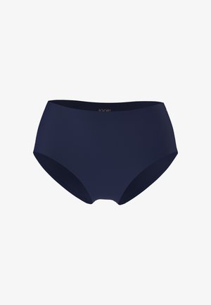 Marineblauwe bikiniborsten met een hoge taille, gladde textuur en zonder zichtbare naden. Heeft een subtiel logo op de tailleband.