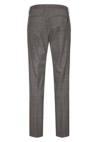 Graue karierte Hose mit schlanker Passform, Gürtelschlaufen und zwei Gesäßtaschen. Hergestellt aus gewebtem Stoff mit strukturierter Oberfläche.