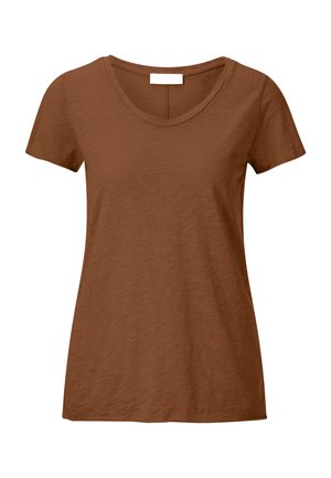 Brown short-sleeve women's T-shirt with scoop neck and plain texture, displayed on a white background.