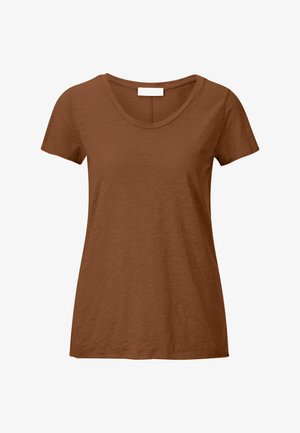 Hnedé dámske tričko s krátkym rukávom, kruhovým výstrihom a jednoduchou textúrou, zobrazené na bielom pozadí.