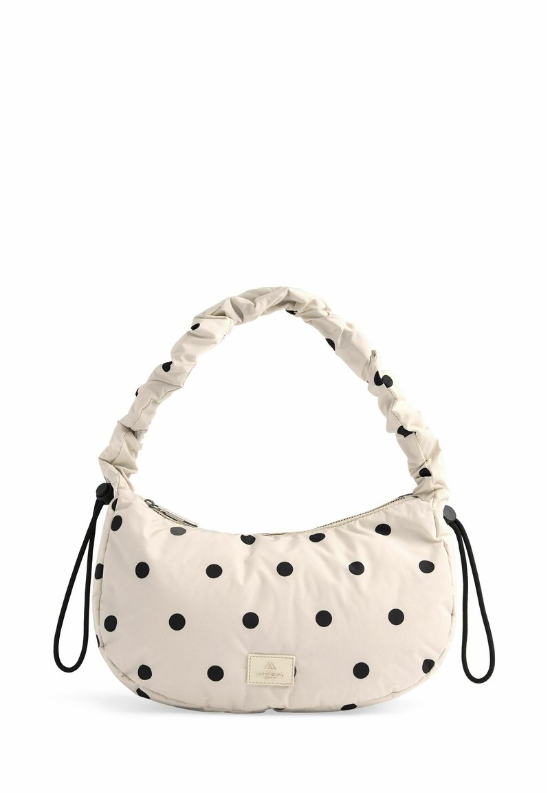 Beige taske med prikker og en samlet håndtag, lavet af blødt stof. Har en lynlås lukning og en lille logo lap. Sorte prikker er jævnt fordelt.