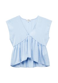 Top corto azzurro con maniche a palloncino e scollatura a V, con vita a peplo arricciato, realizzato in tessuto morbido e leggermente lucido. Orlo curvo.