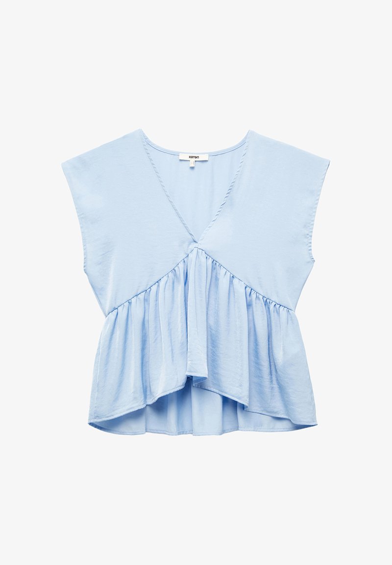 Lichtblauwe top met korte mouwen en een V-hals, voorzien van een geplooide peplum taille, gemaakt van zachte stof met een lichte glans. Gebogen zoom.