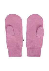 Różowe, ręcznie robione rękawiczki z prążkowanym mankietem, zaokrąglonym kształtem i wstawionym kciukiem. Miękka tkanina o gładkiej fakturze i minimalnym logo.