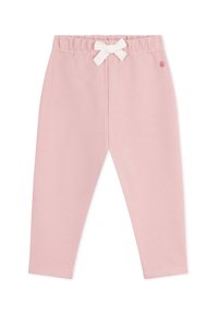 Pantaloni in cotone rosa chiaro con vita elastica e dettaglio a fiocco bianco. Texture liscia e design aderente.