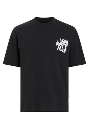 Zwarte katoenen t-shirt met een grote witte graphic op de linkerborst. Korte mouwen, ronde hals en een relaxed fit.