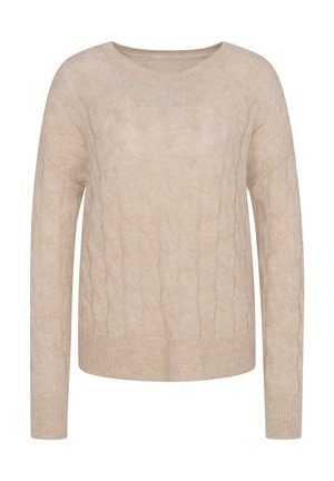 Beige gestrickter Pullover mit einem strukturierten Kabelmuster, rundem Ausschnitt und langen, schmal zulaufenden Ärmeln. Aus weichem, leichtem Material.