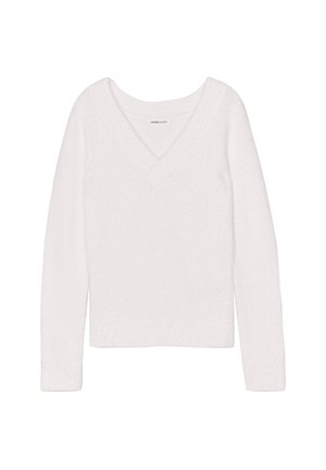 Maglione bianco a maniche lunghe con scollo a V, caratterizzato da un motivo di maglia strutturato e dettagli a coste lungo il collo e i polsini.