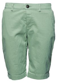 Lichtgroene korte broek gemaakt van lichtgewicht stof, met een knoopsluiting, zijzakken en opgerolde boorden. Gladde textuur met stikseldetails.