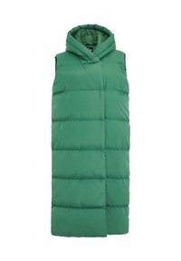 Gilet puffer verde con cappuccio, caratterizzato da un design trapuntato, senza maniche e con una texture liscia. Apertura frontale senza hardware visibile.