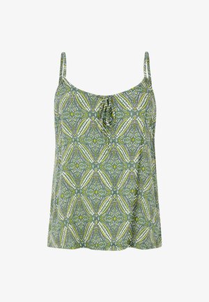 Ärmelloses grünes Tanktop mit verstellbaren Trägern und geometrischem Muster in Gelb, Weiß und Dunkelgrün mit kleinem vorderem Knoten-Detail.