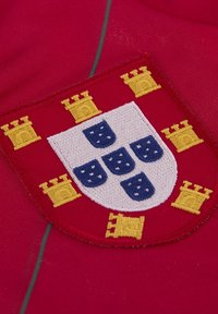 Roter Stoff mit einem Schild auf weißem Hintergrund, fünf blauen Schilden und gelben Burgen, die alle aufwändig gestickt sind.