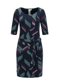 Robe marine à manches courtes, présentant un motif abstrait de formes vertes et bordeaux, avec une taille à nouer et deux poches latérales.