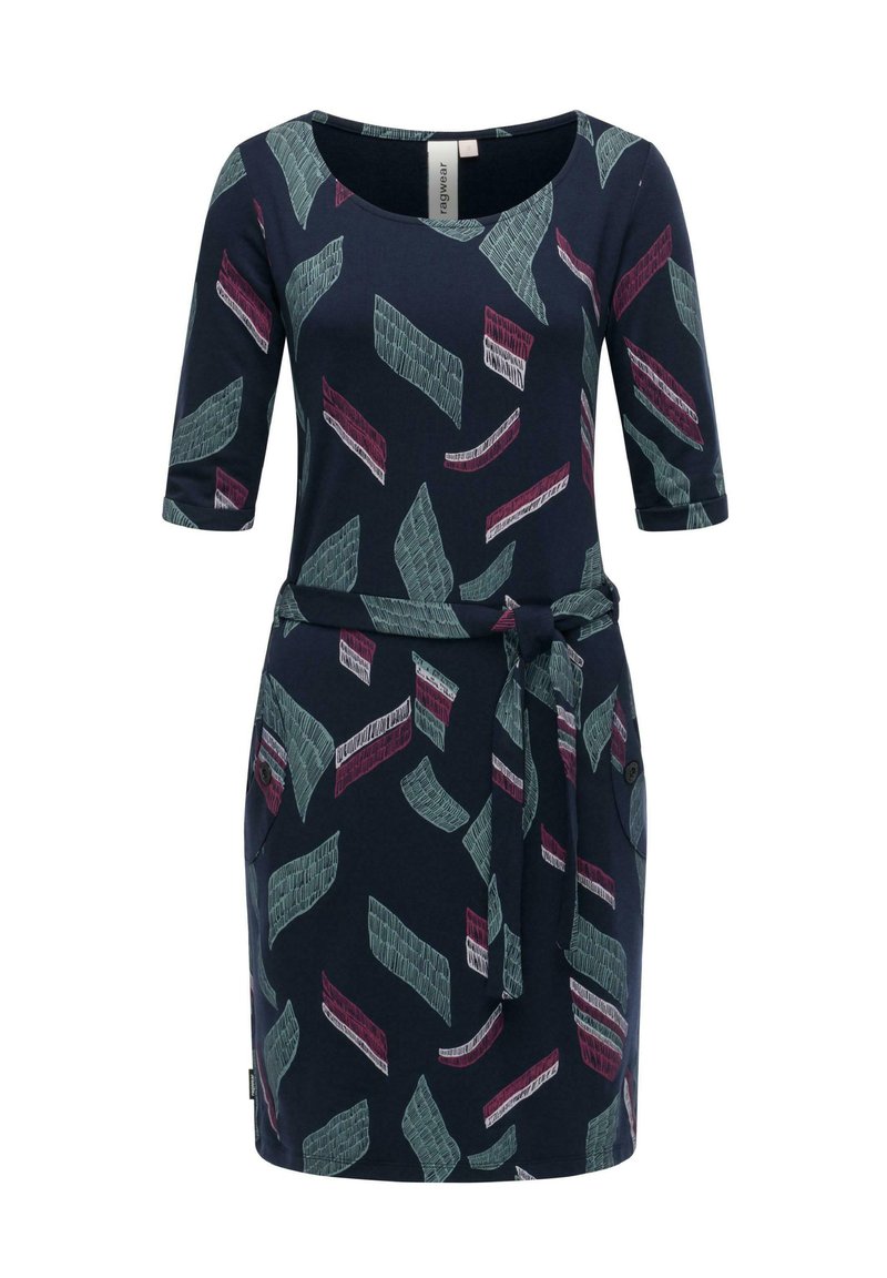 Robe marine à manches courtes, présentant un motif abstrait de formes vertes et bordeaux, avec une taille à nouer et deux poches latérales.