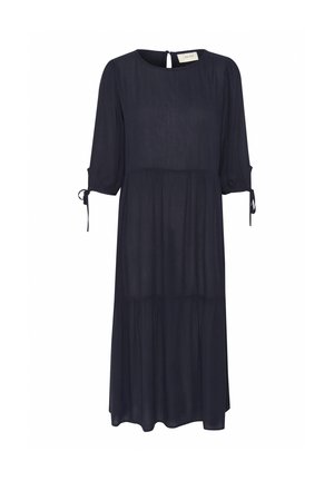 Ciemnogranatowa sukienka midi z rękawami do połowy przedramienia wiązanymi na mankietach, okrągłym dekoltem oraz marszczonym, warstwowym dołem.