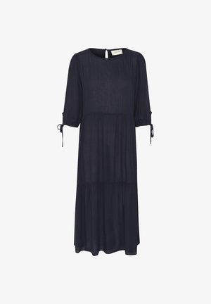 Ciemnogranatowa sukienka midi z rękawami do połowy przedramienia wiązanymi na mankietach, okrągłym dekoltem oraz marszczonym, warstwowym dołem.