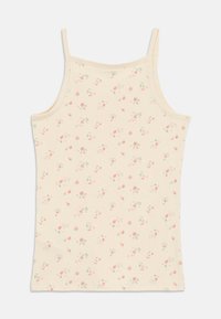Cream tank top with thin straps, featuring a floral pattern in pink and green. Soft fabric, fitted design, and finished edges.