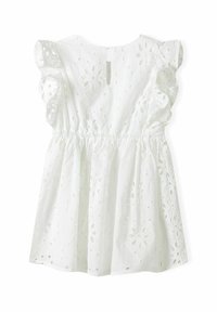 Top blanco de manga corta con diseño de ojales florales, cintura fruncida y cierre de botón en la parte posterior. Tejido de algodón suave y ligero.