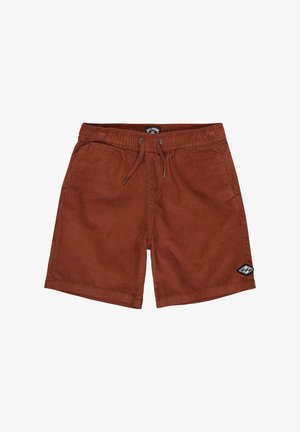 Shorts en velours côtelé marron avec une finition texturée, portés avec des baskets noires et des lacets blancs. Le haut est une chemise à motifs colorés.