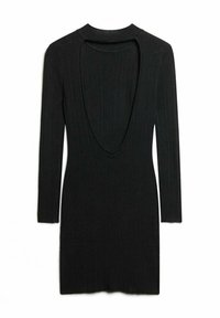 Svart long-sleeve klänning med djup skopa bak, med ribbat mönster och åtsittande silhuett. Slät tyg med en minimalistisk design.