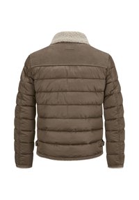 Braune gepolsterte Jacke mit einer strukturierten Wildleder-Oberfläche, Fleece-Kragen und elastischen Bündchen. Verfügt über ein gestepptes Design für Isolation und Wärme.