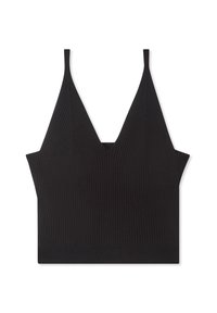 Bralette nera a coste con scollatura a V profonda e spalline sottili e regolabili. Tessuto morbido e design aderente. Senza chiusure o decorazioni.