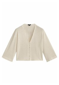 Korte mouwen, verkorte cardigan in off-white. Kenmerkt zich door een V-hals, verticale ribbelstructuur en vijf knoopsluitingen aan de voorkant.